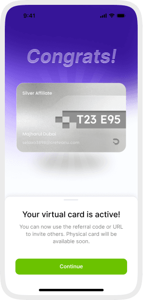 DreamsApp virtual affiliate card activation success screen
