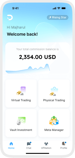 DreamsApp home screen with welcome message, commission balance, and trading shortcuts