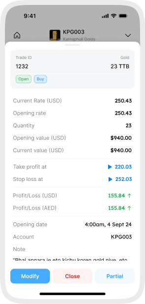 DreamsApp trade details with rates, quantity, and modify or close actions