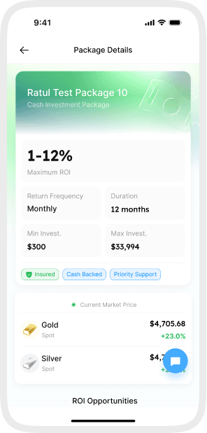 DreamsApp vault investment package details with ROI and duration