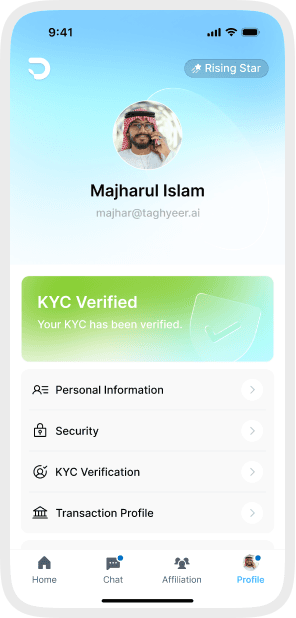 DreamsApp profile screen with KYC verified status