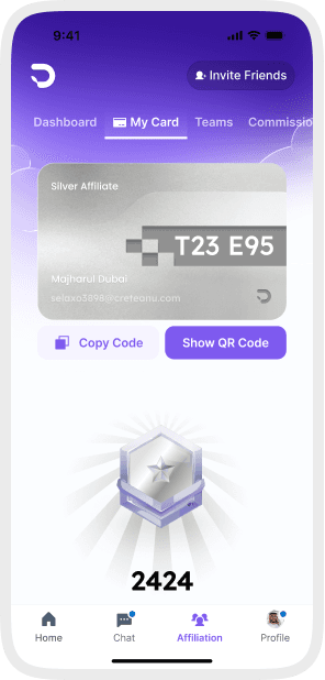 DreamsApp silver affiliate card with referral code and QR actions