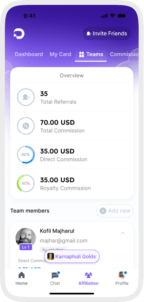 DreamsApp affiliation teams overview with referrals and commissions