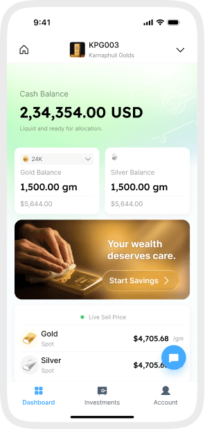 DreamsApp vault dashboard with cash and metal balances